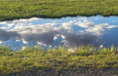 River sky clouds reflection landscape grass Фото