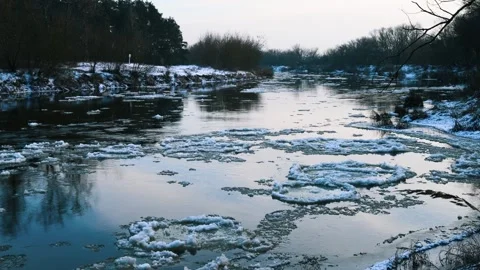River With Snow And Ice In The Winter Stock Footage 257499604
