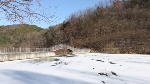  the river in the snow with mountain forest Video stock 303551233