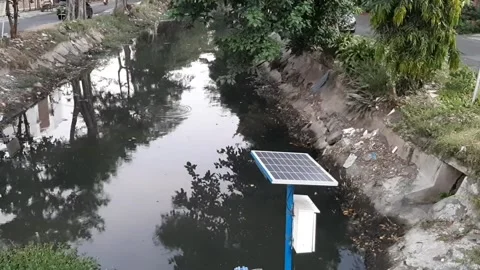 River with Solar Cell Power Station Видео 338110278