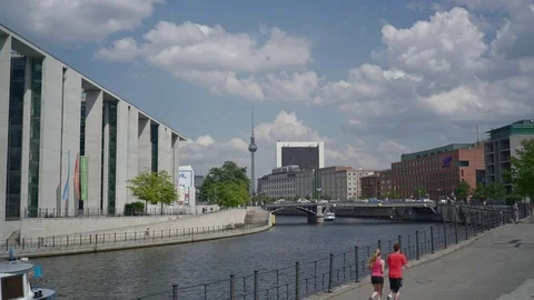 River Spree and Berliner Fernsehturm or TV Tower, Berlin, Germany Stock Footage