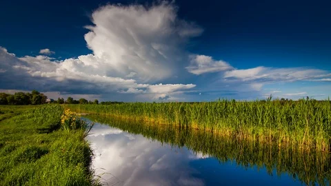 River in spring on a bright sunny day. Blue sky with white clouds Stock-Footage 90737717