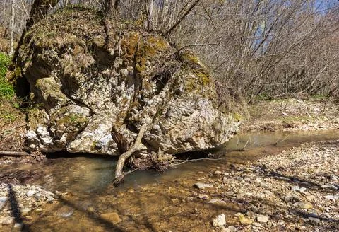 The river in the spring of the year, a slow flow along a shallow riverbed Stock Photos