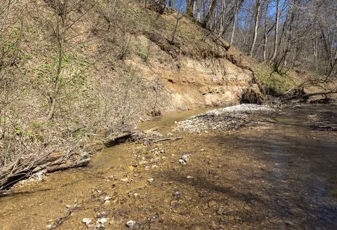 The river in the spring of the year, a slow flow along a shallow riverbed Stock Photos