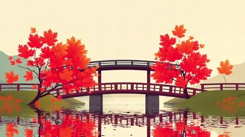 River With Stone Bridge Under Red Maple Trees, Japanese Serene Scene in Autumn Video stock 306826561