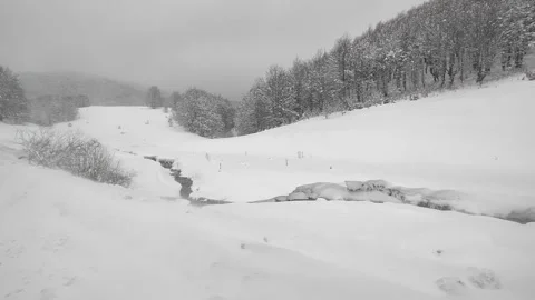 River stream and snow falling. Mountain area during the winter season Stock Footage 170389246