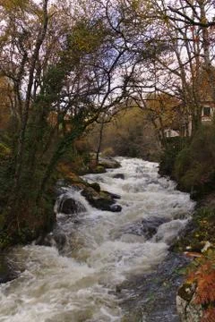 River stream with fast and high flow in autumn Stock Photos