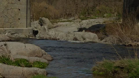River stream flowing through rocky terrain and past a stone bridge pier wit.. Stock Footage 335462478