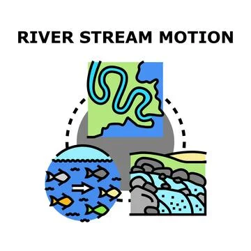 River stream motion concepts showing meander, fish migration, and flowing wat Stock Illustration