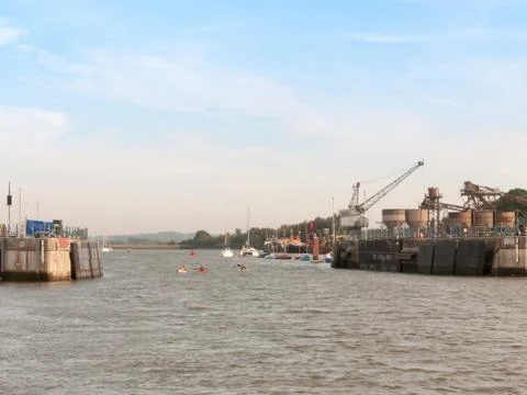 River stream water scene with open barricade Stock Photos