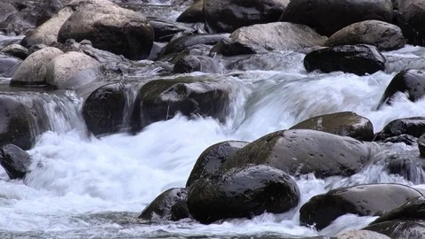 River streaming among smooth boulders. Mountainous watercourse in North Sumatra Stock Footage 75009687