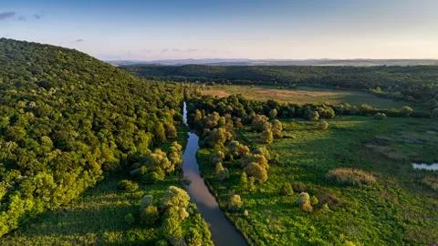 River streaming through beautiful landscape  in background, nature in Bulgaria Stock Photos
