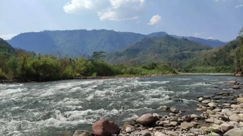River with strong current. Mountains in the background. Vidéo 282219258