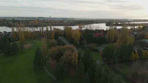 River Sunset Autumn Golf Course Aerial 4k Stock Footage 327584341