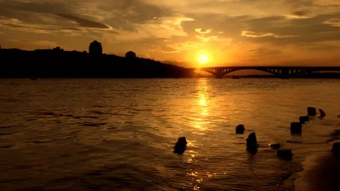 River In Sunset At Evening With Ship On Water And Child On Coast Stock Footage 91221932