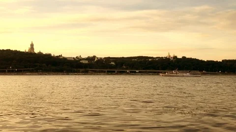 River Sunset At Evening Time With Ship On Water And Child On Coast Stock Footage 91221935