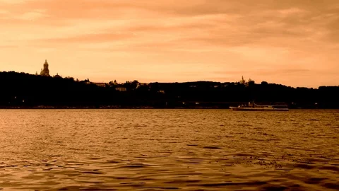 River Sunset At Evening Time With Ship On Water On Sepia Tones Stock Footage 91223617