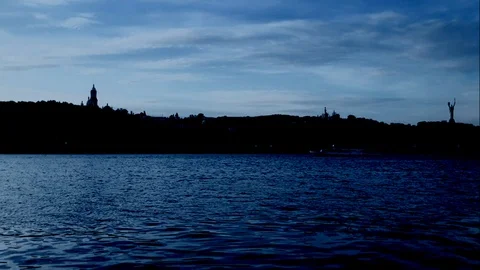 River Sunset At Evening Time With Ship On Water On Dark Tones Stock Footage 91223620