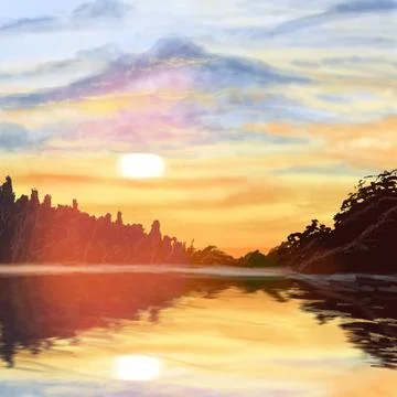 River Sunset Landscape Illustrazione stock
