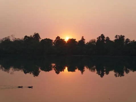 River Sunset Sun Reflection Ducks Stock Photos
