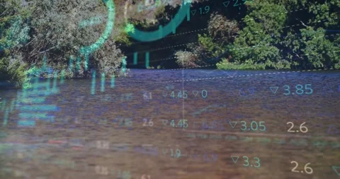 River surface anchoring frame, HUD appearing after sun glint, candlesticks Stock Footage 330584341