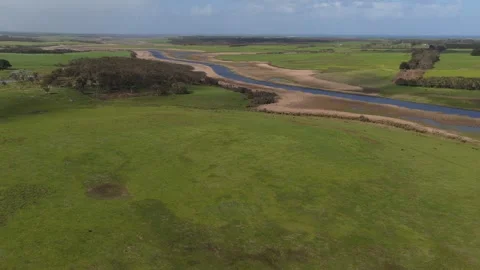 River Surrounded By Lush Meadow, Drone, 6K Stock Footage 333318621