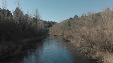 River Tajo Clear Sky Pull Back Drone Stock Footage 103378808