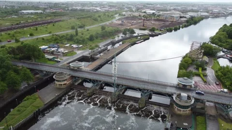 River Tees Barrage Bridge White Water Rafting Stockton on Tees Stock Footage 196401230