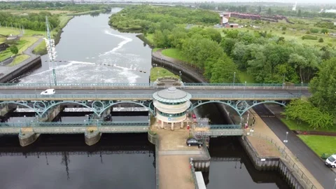 River Tees Barrage Bridge White Water Rafting Stockton on Tees Stock Footage 196403115