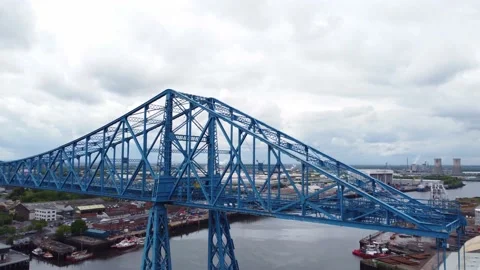River Tees Middlesbrough Transporter Bridge, Tees Transporter Ariel Drone Reveal Stock Footage 196105944