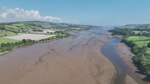 River Teign from a drone at low tide, Newton Abbot, Devon, England Stock Footage 249566508