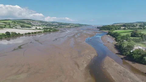 River Teign from a drone at low tide, Newton Abbot, Devon, England Stock-Footage 249566578