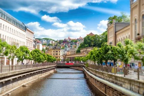 River Tepla and bridge over the canal. Karlovy Vary Stock Photos