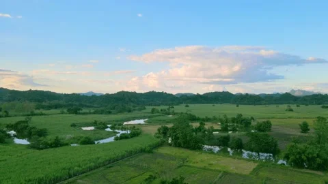 River in Thailand, Drone view, cloudy blue sky Stock Footage 148734042