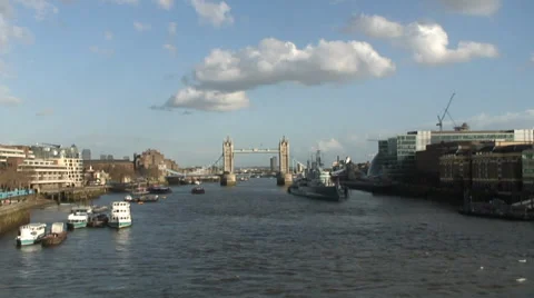 River Thames with boats including HMS Belfast 05 Stock-Footage 35596317