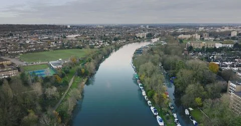 River Thames flowing through Teddington in London, aerial view Stock-Fotos