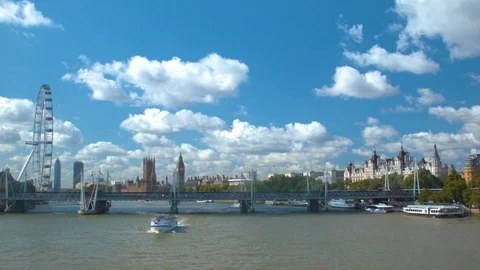 RIVER THAMES TIMELAPSE FACING GOLDEN JUBILEE BRIDGE, LONDON EYE Stock Footage 126508490