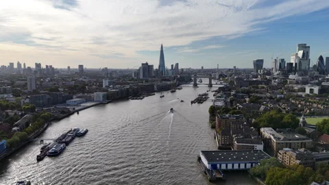 River Thames Toward Tower Bridge and City Skyline Stock Footage 346616162