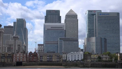 River Thames towards the Docklands in London, UK from the Greenwich Peninsula Stock Footage 112976326