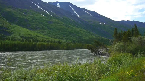 River Through Green Field With Mountain Background Stock Footage 37405404