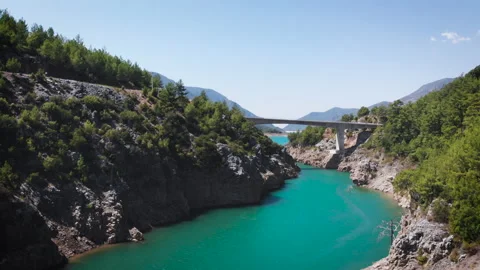 River through the mountain. bridge in the distance in the summer time. Stock Footage 130397288