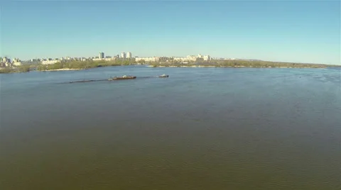 River tow with  barge on  big river .Aerial Stock Footage 37262038