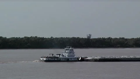 River Towboat Transporting Cargo Barges on Parana River, Argentina Stock Footage 145502262