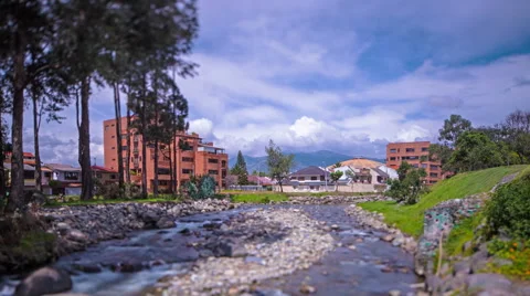 River, town and  mountans  view. Background. Cuenca, Ecuador. 4k time lapse Stock Footage 64081240