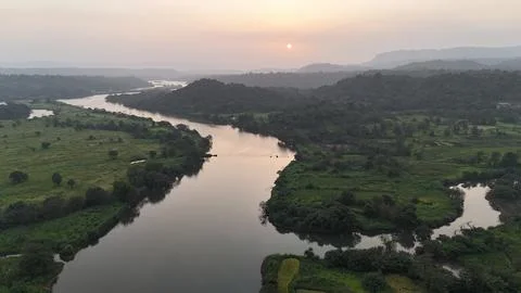 River with tributary in sunset from the sky - 1 Stock Photos