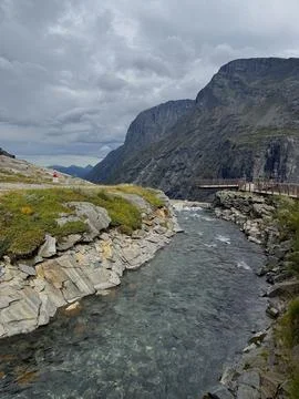 The river on Trollstigen flows down from the mountains Stock Photos