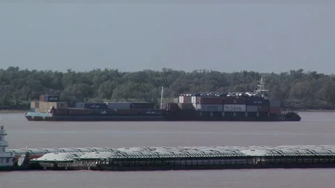 River Tugboat Pushing Container Barges on Parana River, Rosario, Argentina Stock Footage 145503414