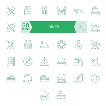 River Ultimate Vector Package with 32 128x128 Thin Line Editable Icons Stock Illustration