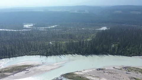 River Valley and Forest with Distant Wildfire Smoke Stock Footage 318817915