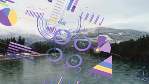 River valley being shown with infographics floating, stacking on data update, Stock Footage 334760342